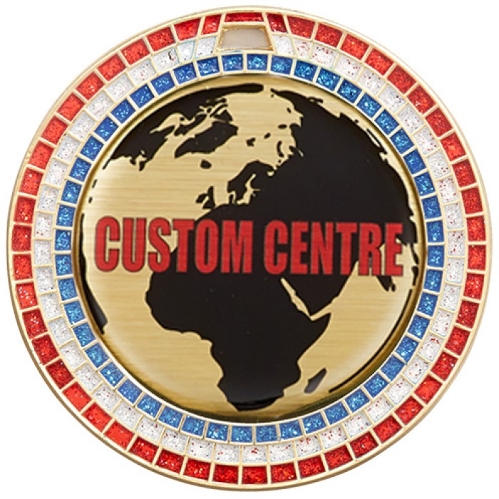 70MM RWB GEMSTONE SPARKLE CUSTOM MEDAL - GOLD,SILVER OR BRONZE - VINYL DOMED CENTRES